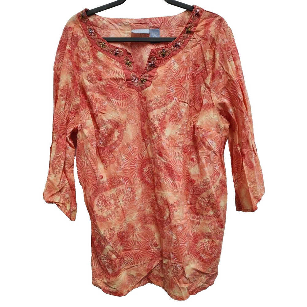 Liz & Me Tunic Top Womens‎ Size 1X BOHO Peasant Orange Floral Beaded 3/4 Sleeve